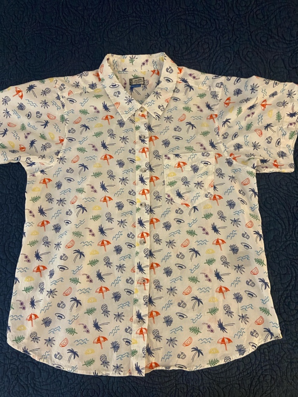Women’s button up short sleeve shirt.  Size large.  Cute beach theme print .
